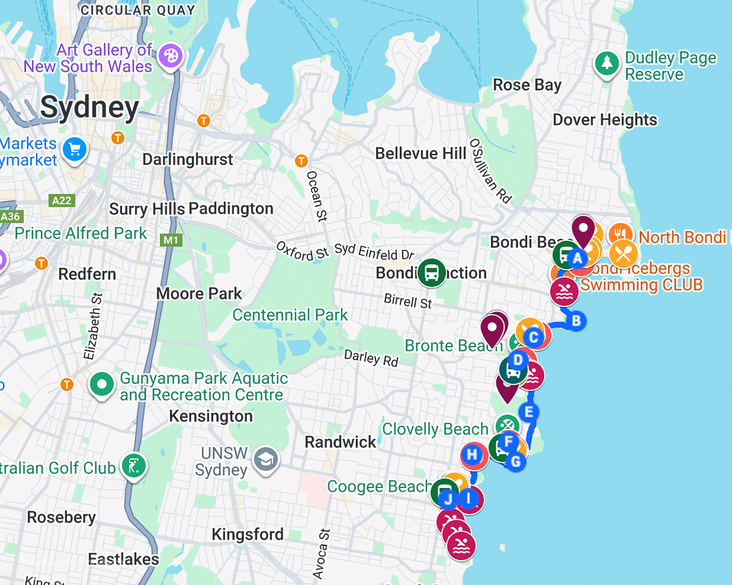 Map of Sydney - Bondi to Coogee Walk &copy; Heatheronhertravels.com